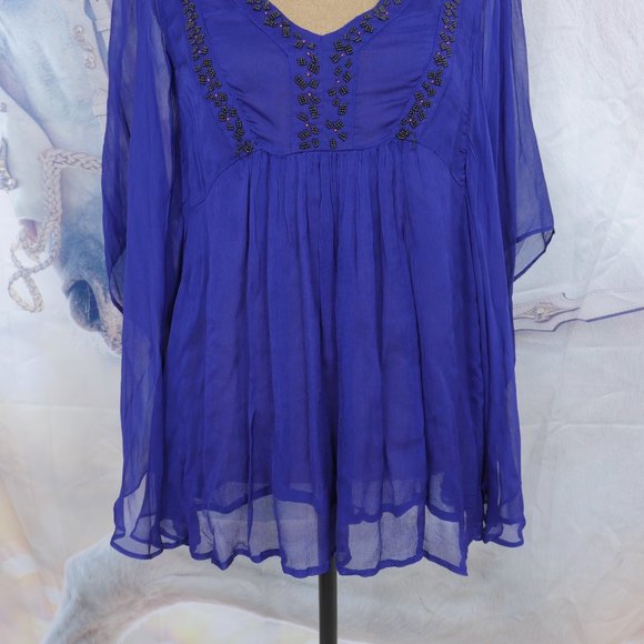 Free People Purple Beaded Detail Wide Sheer Sleeve 70's Inspired Boho S XS Top - Picture 4 of 12